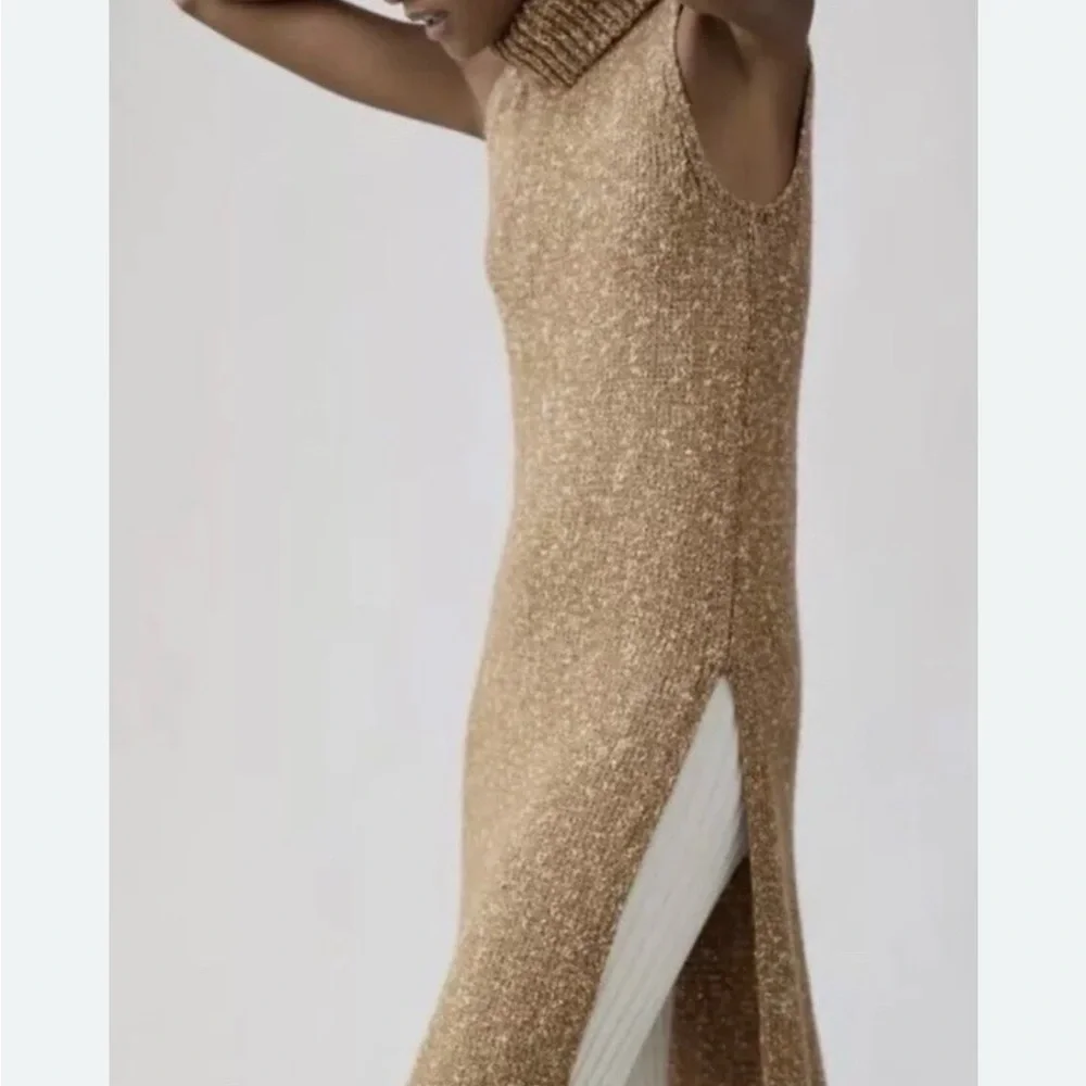 Anthropologie Tan Knit Tunic Sweater Turtleneck Maxi Top‎ XS Minimal Classic